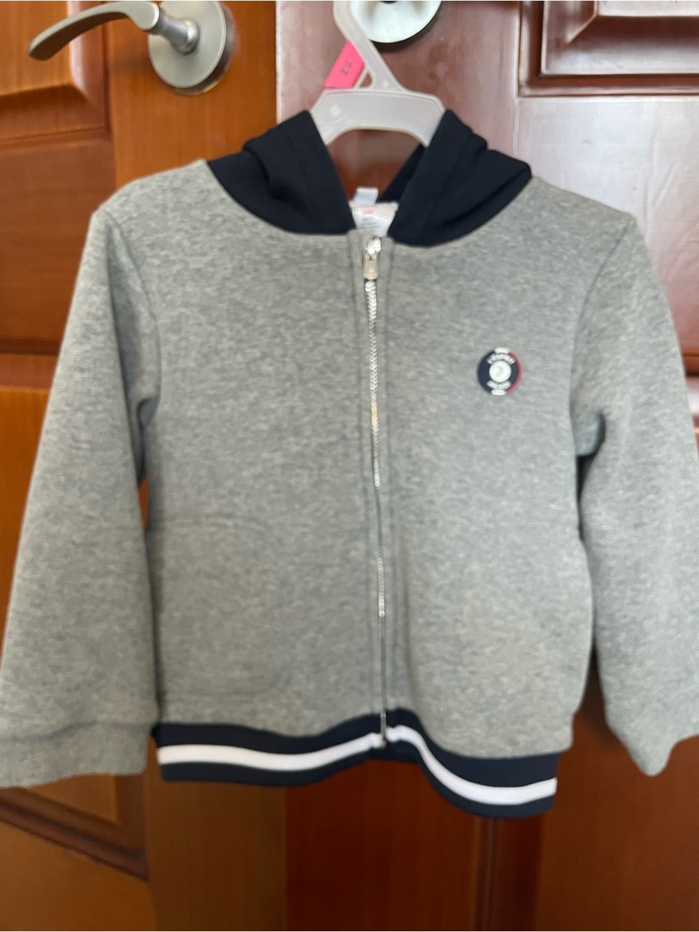 Jacadi Grey Zip Hoodie with Navy Trim and Stripe